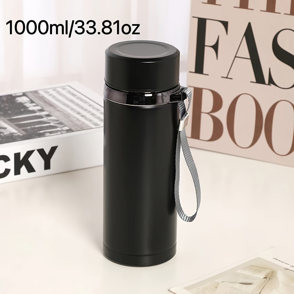 Men's large stainless steel portable travel mug with tea strainer, available for wholesale.