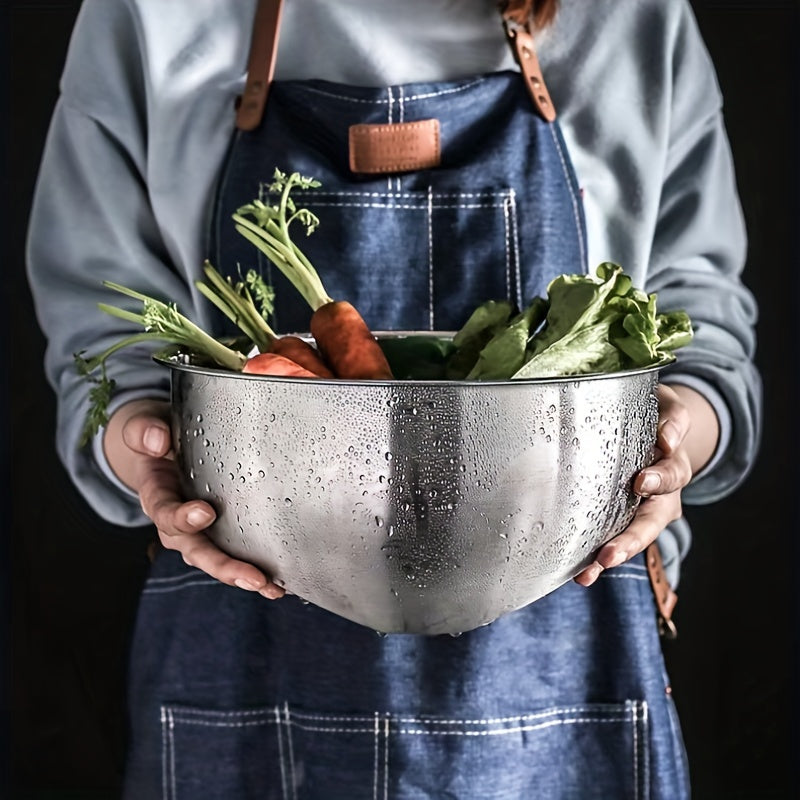 A durable stainless steel colander with fine mesh for straining, featuring a slant bottom draining bowl perfect for washing rice, vegetables, fruits, beans, and pasta. This kitchen colander is designed for quick draining with food-safe materials.