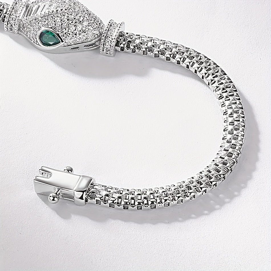 Snake Bracelet made of WES 925 Sterling Silver, Rhodium Plated for a Hip Hop Luxury Style adorned with Synthetic Zirconia Stones. This Animal Theme Jewelry is perfect for Daily and Party Wear in All Seasons.