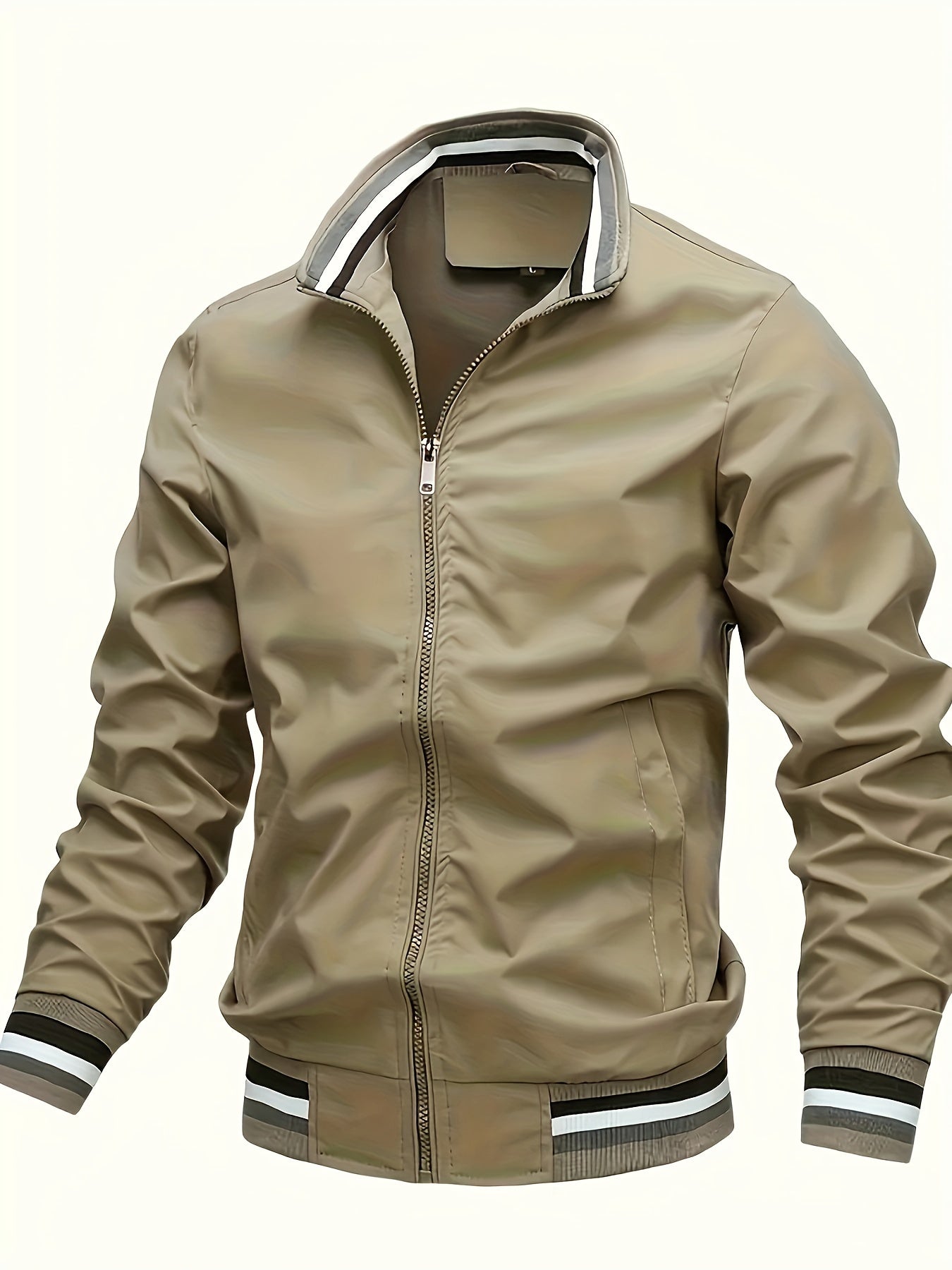 Men's Casual Long Sleeve Zipper Bomber Jacket with Pockets for outdoor activities and daily wear.