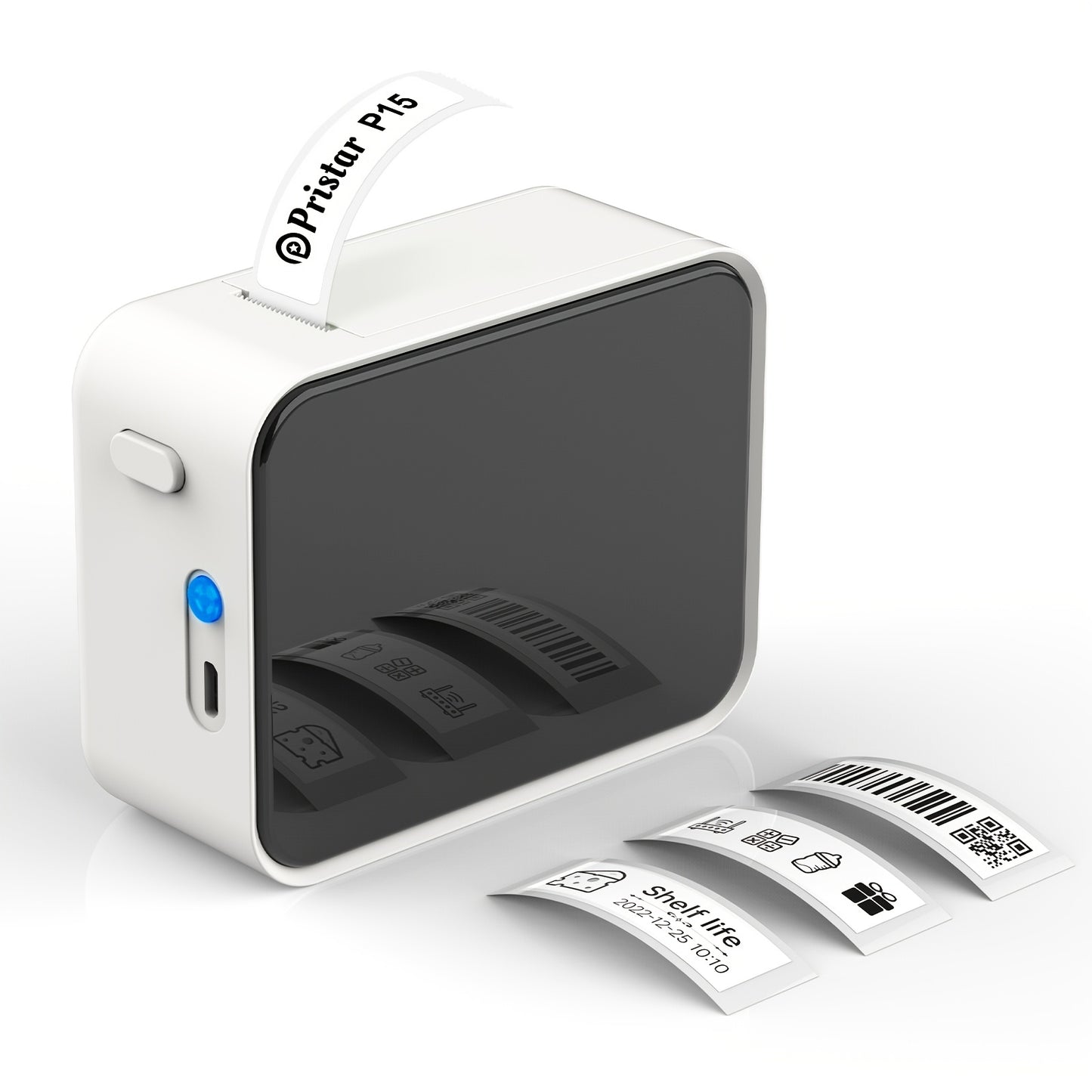 Pristar P15 Portable Wireless Thermal Label Printer for Barcodes, Clothing, Jewelry & Snacks. Inkless, HD Printing, Wireless Connectivity, Rechargeable Battery. 20mm/s Speed, Compatible