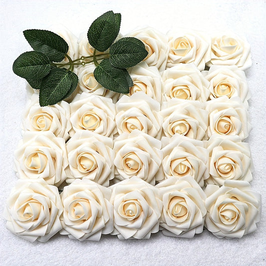 25 artificial roses with 2 green leaves, perfect for weddings, holidays, birthdays, parties, and home decor.