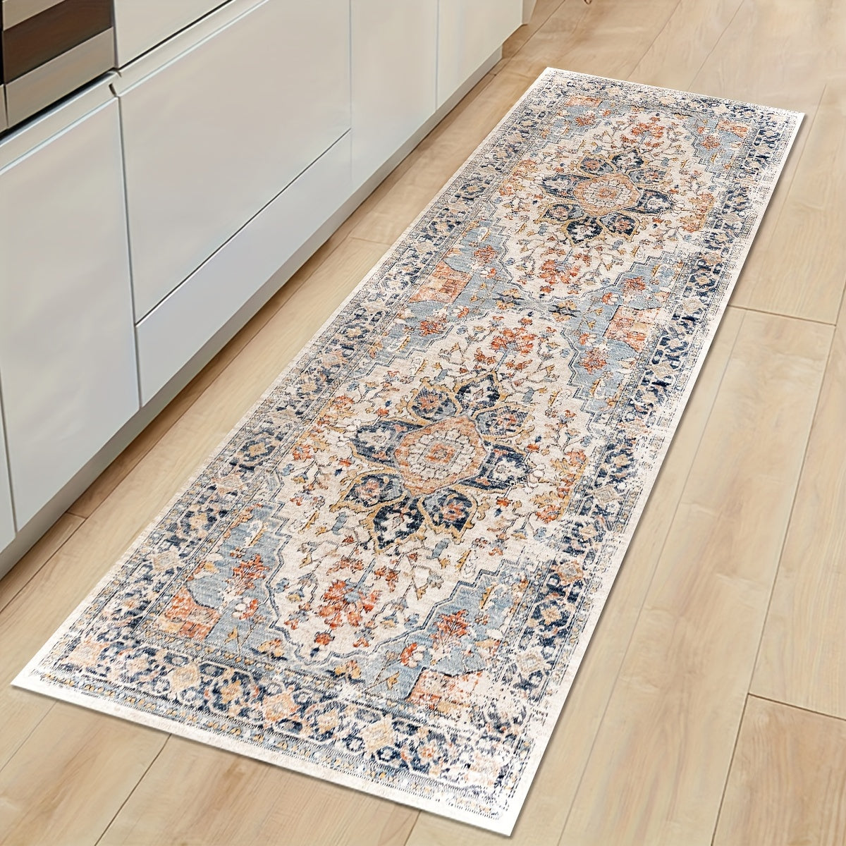 Lightweight Bohemian Light Blue Paisley Pattern Comfort Mat with Non-Slip PVC Backing - Machine Washable Polyester Kitchen Rug | Braided Weave, Medium Pile | Decorative Anti-Fatigue Runner for Kitchen, Dining, Laundry Room - Under 2.16m², Shortest Side