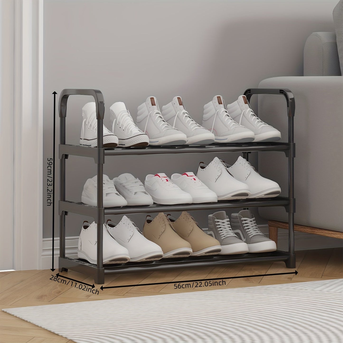 Durable 3-Tier Metal and Plastic Shoe Rack - Enhanced Strength and Stability, Simple to Assemble, Spacious Storage for Entryway and Living Room, Accommodates Different Shoe Styles, Shoe Organizer with Multiple Layers