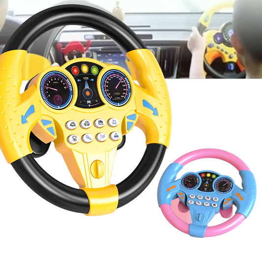 Kids' driving simulator steering wheel toy, educational car racing game controller, durable ABS plastic, assorted colors, no batteries needed.