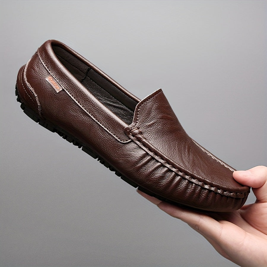 Genuine leather loafers for men with casual slip-on style, square toe, rubber sole, comfortable PU insole, suitable for all seasons.