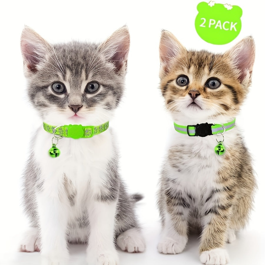 Reflective cat collars with footprints, bells, and breakaway design for kittens - 2 pieces, geometric pattern, polyester.