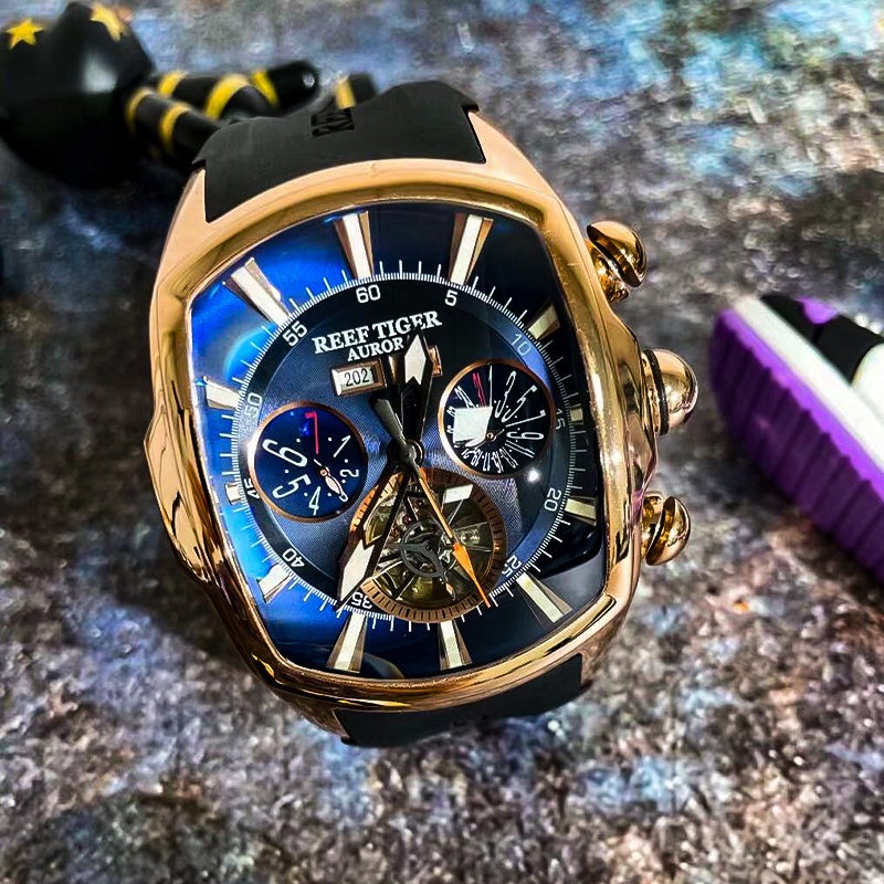 Reef Tiger Luxury Men's Mechanical Tourbillon Watch with blue dial, stainless steel case, silicone strap, calendar function, automatic winding, sporty design RGA3069, suitable for casual