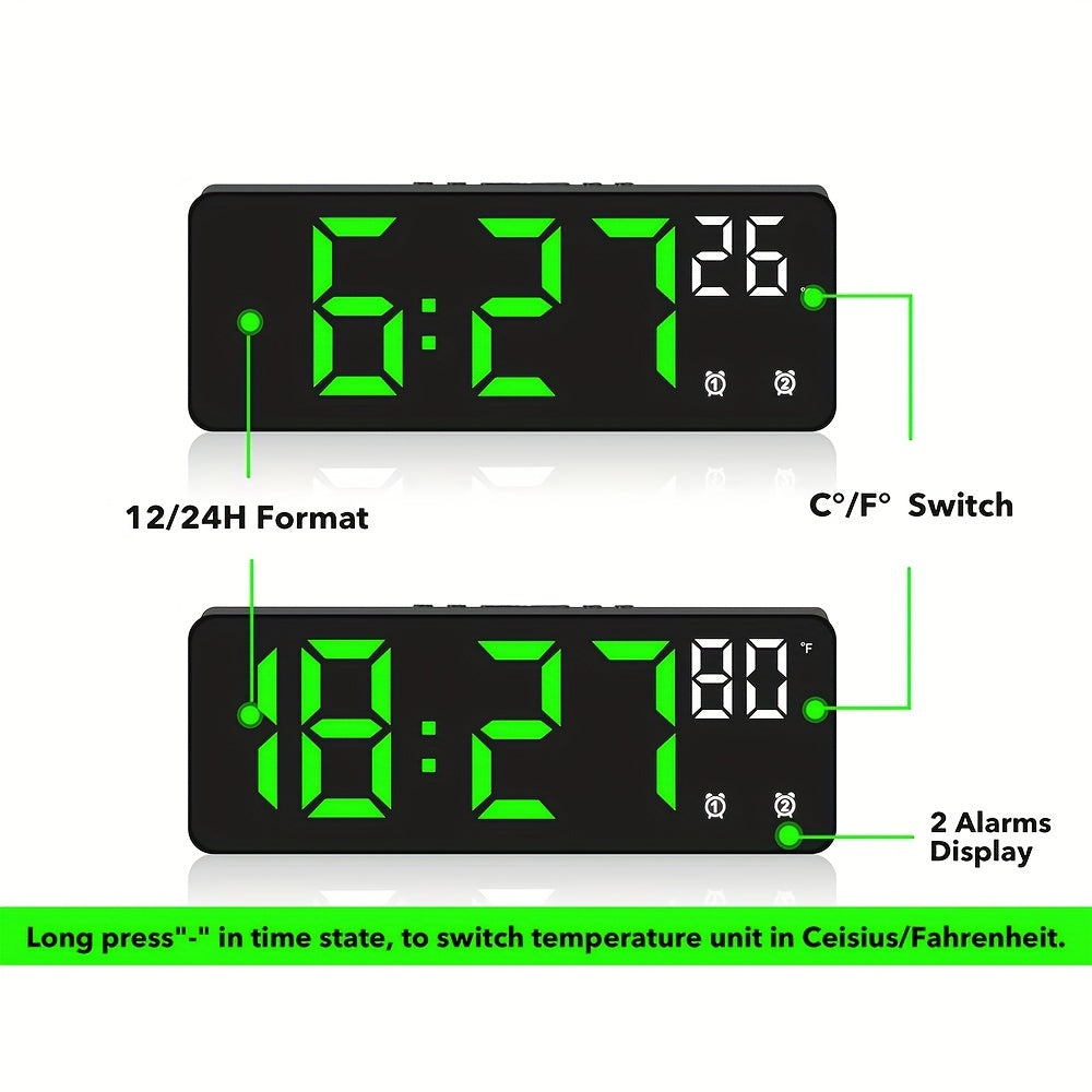 Fantasy-themed digital alarm clock with mirror surface, LED display, temperature, date, voice control, and customizable alarm settings.