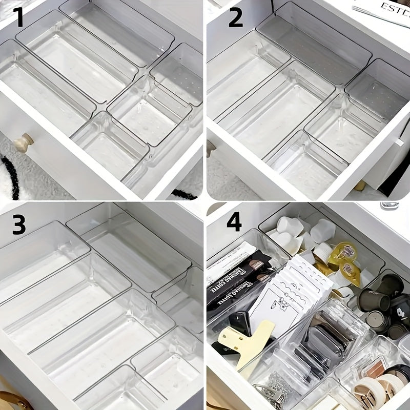 7pcs Clear Plastic Makeup Organizer Set for Countertop with Stackable Drawer Dividers. Easy assembly, power-free operation. Sleek and durable storage solution for cosmetics and office