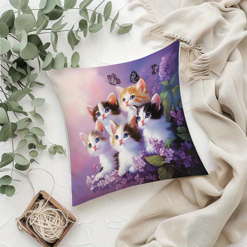 This adorable throw pillow cover features a cute kitten and lavender print on short plush fabric, perfect for adding a touch of charm to your sofa, bed, car, or living room. Made from soft polyester knit fabric with a hidden zipper for easy removal and