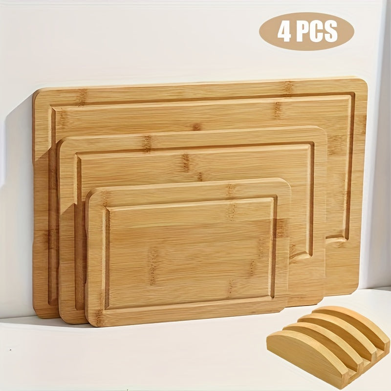 Set of four bamboo cutting boards with holder - Premium kitchen chopping boards for fruits, vegetables, and meats. Perfect addition to any kitchen.