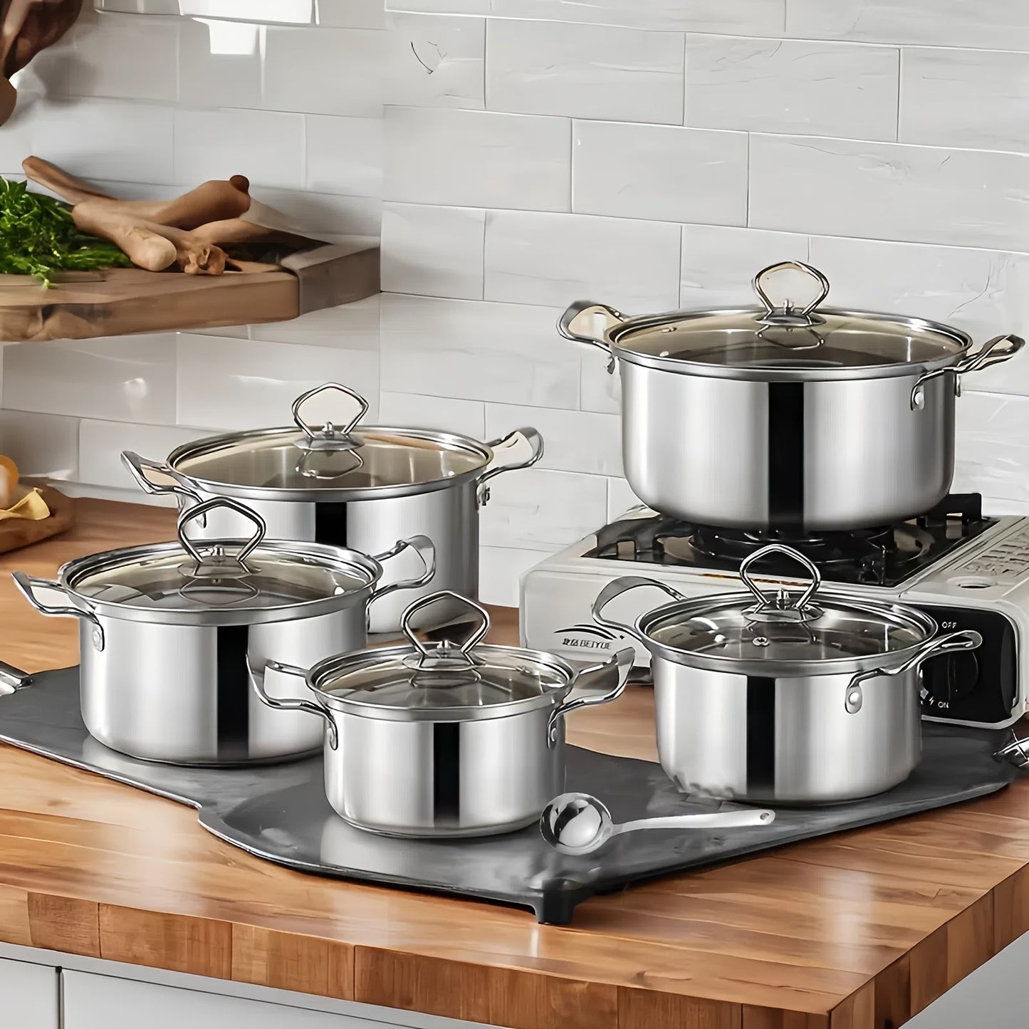 Stainless Steel Cookware Set includes 11 pieces with Heat-resistant Handles and Tempered Glass Lids - Ideal for Cooking a Variety of Meals such as Soups, Milk, and Porridge - Perfect for Healthy Cooking of Soups, Pasta, and Seafood at Home or in