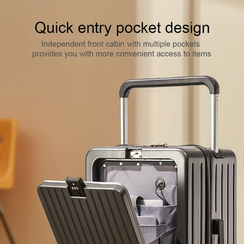 1pc Suitcase with front opening storage compartment, dry and wet separation compartment, unique wheel design, and travel password boarding feature.