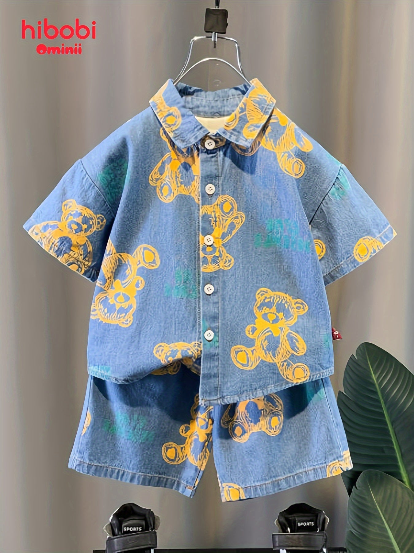 Hibobi 2pcs Boys Casual Bear Graphic Print Denim Shirt & Shorts Set, Summer Clothing for Daily & Outdoor Wear.