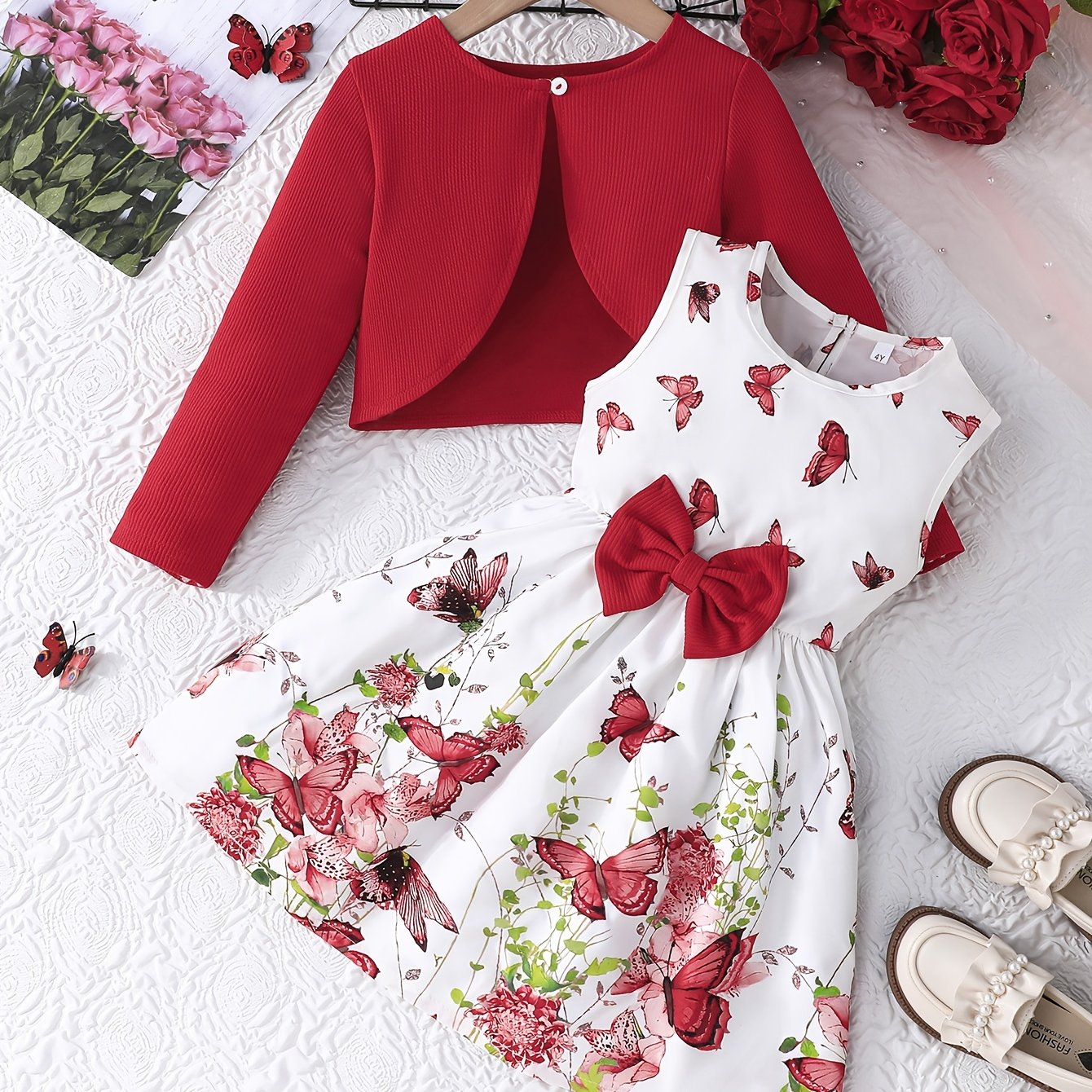 Romantic 2pcs Valentines Day Outfit for Girls - Long-sleeved Cardigan + Sleeveless Sundress Set