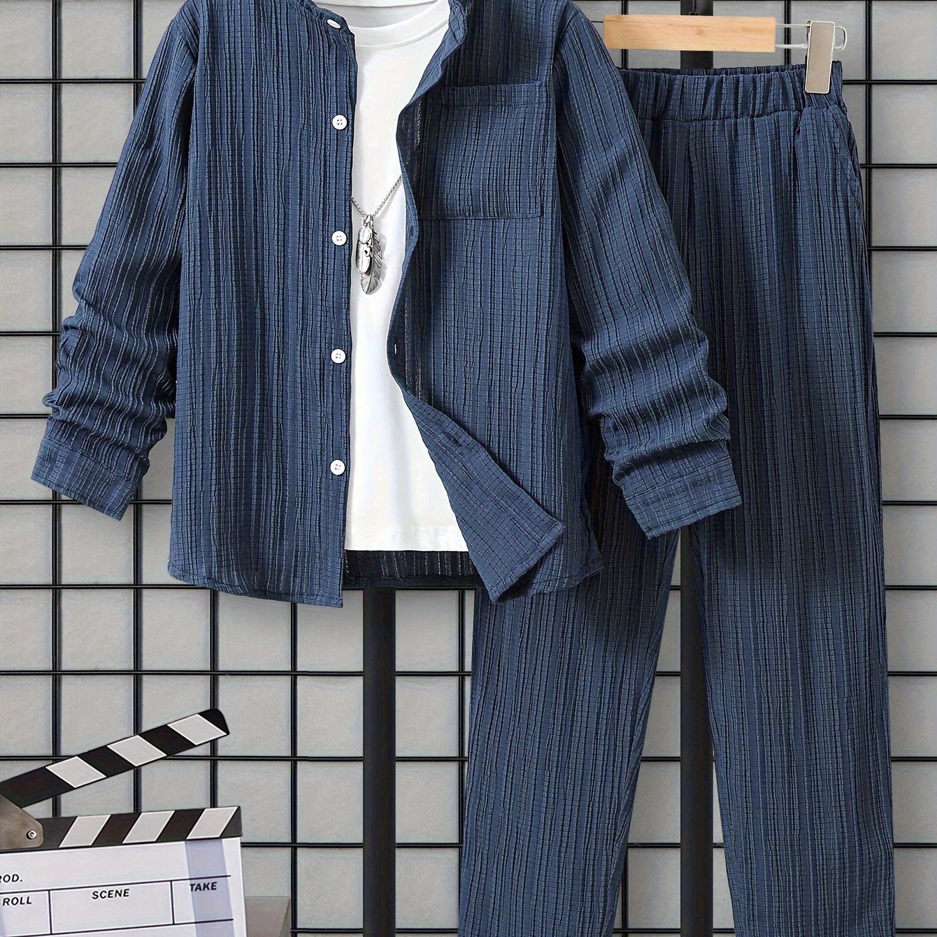 Boys 2-Piece Casual Outfit Set with Long Sleeve Stand Collar Shirt and Pants for Spring/Autumn Wear