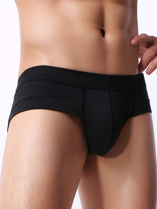 Men's viscose blend briefs with solid color, medium stretch knit fabric, large pouch, comfortable, skin-friendly material, and casual style.