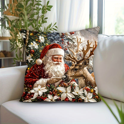 Modern Christmas Santa and Reindeer Pattern Soft Velvet Throw Pillow Cover with Zipper Closure - 44.96x44.96 cm, Machine Washable, Single-Side Print, Polyester - 1pc