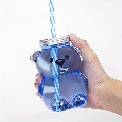 Cute bear cartoon straw cup made of durable plastic, ideal for kitchen and dining.