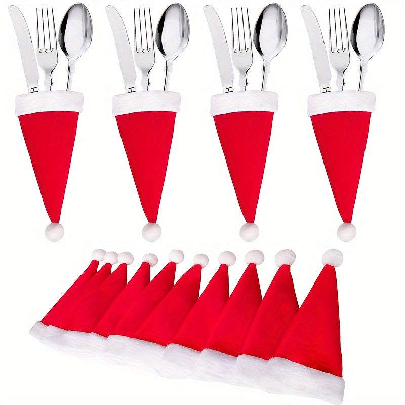 12-Piece Christmas Table Decoration Set includes Chambray Santa Hat Cutlery Holders and Bottle Toppers, Mini Santa Hats for Festive Party Table Décor, Feather-Free, No Electricity Needed Holiday Ornaments.