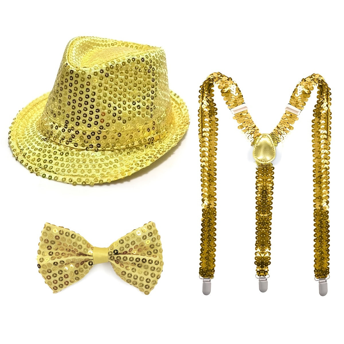 D EXCEED offers a set of three Disco sequin fedora hats with retro glitter accessories.