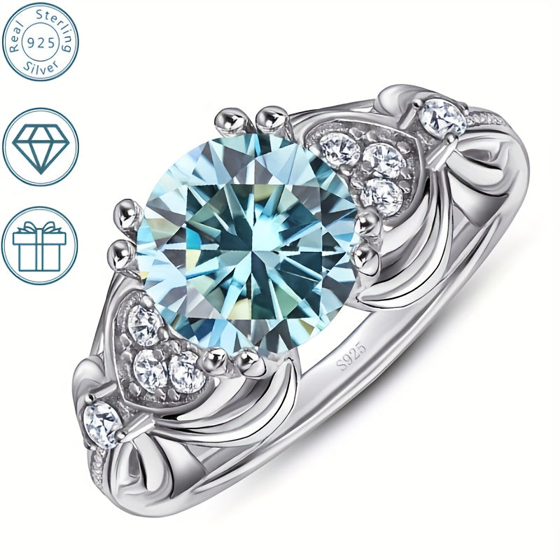 925 Sterling Silver Bohemian-style Engagement Ring with 2CT Moissanite, Round Cut, Ideal for Daily Wear and Vacations, Includes Gift Box, Hypoallergenic Jewellery from Gems Lady.