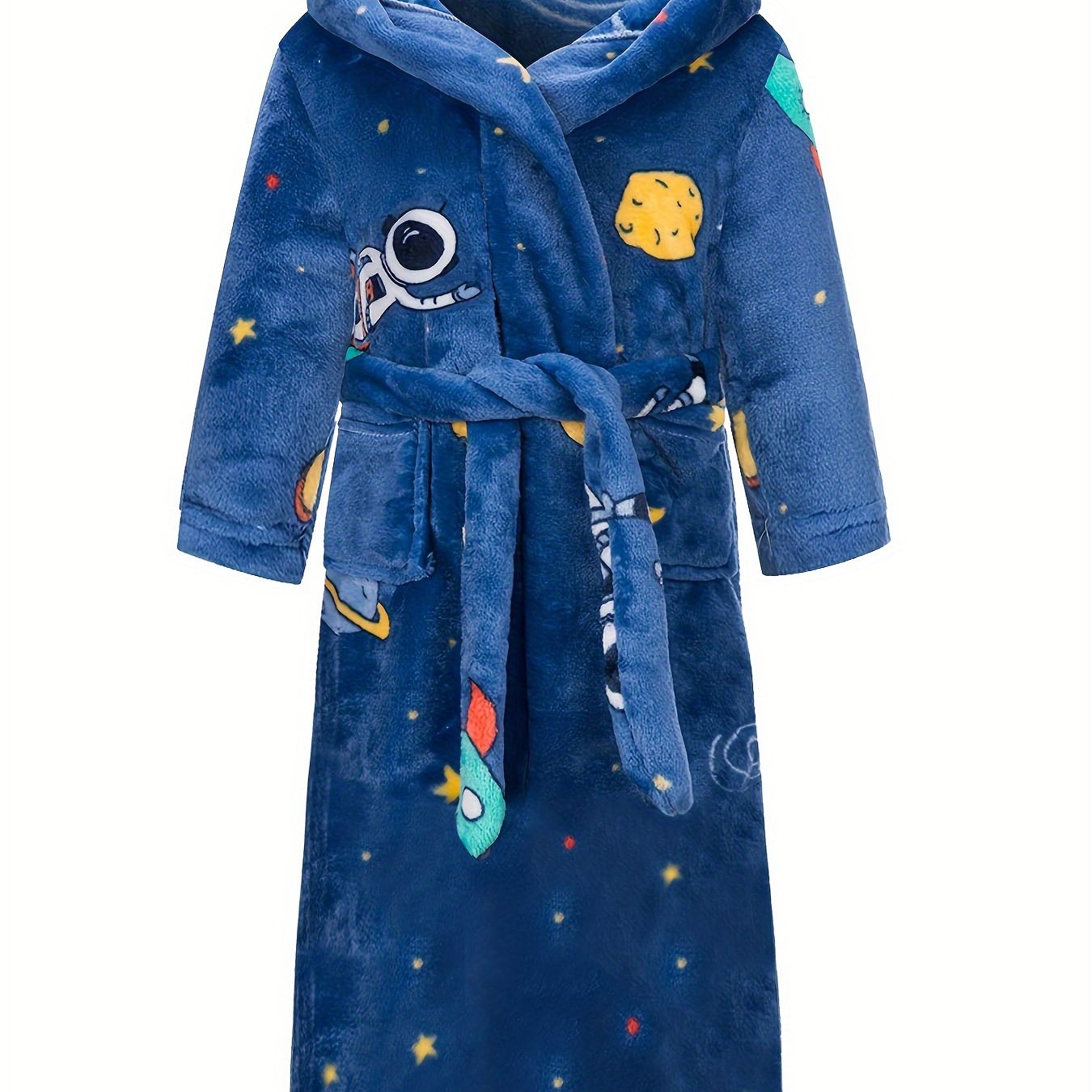 Men's trendy hooded flannel robe with space pattern, lace-up hoodie pajamas, and coral fleece lounge wear.