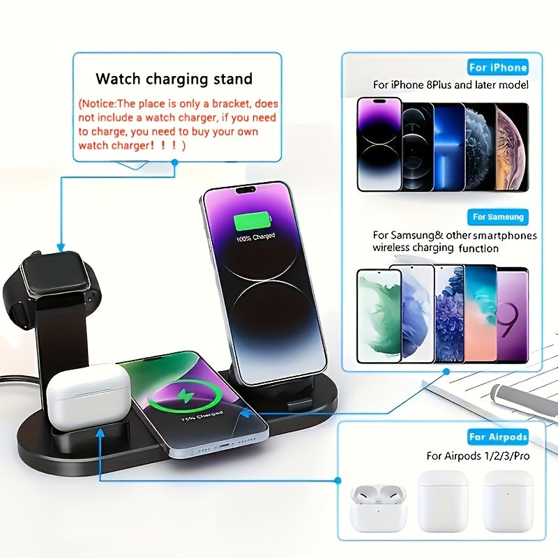 Fast charging wireless charger for iPhone, iWatch, and AirPods.