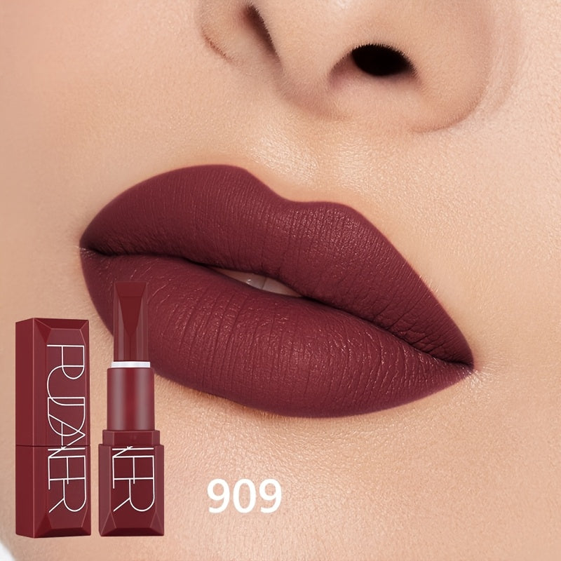 Pudaier Long-Lasting Waterproof Lipstick with high pigment matte finish, natural look for all skin types in Red & Brown Series, infused with plant squalane.