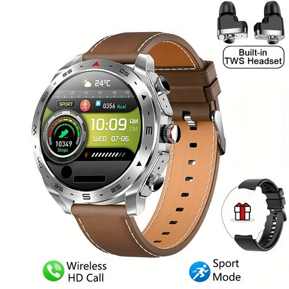 [Popular Choice] Smart Watch with built-in TWS headphones, AI voice, HD touch screen, fitness tracker, and steel/silicone strap for men.