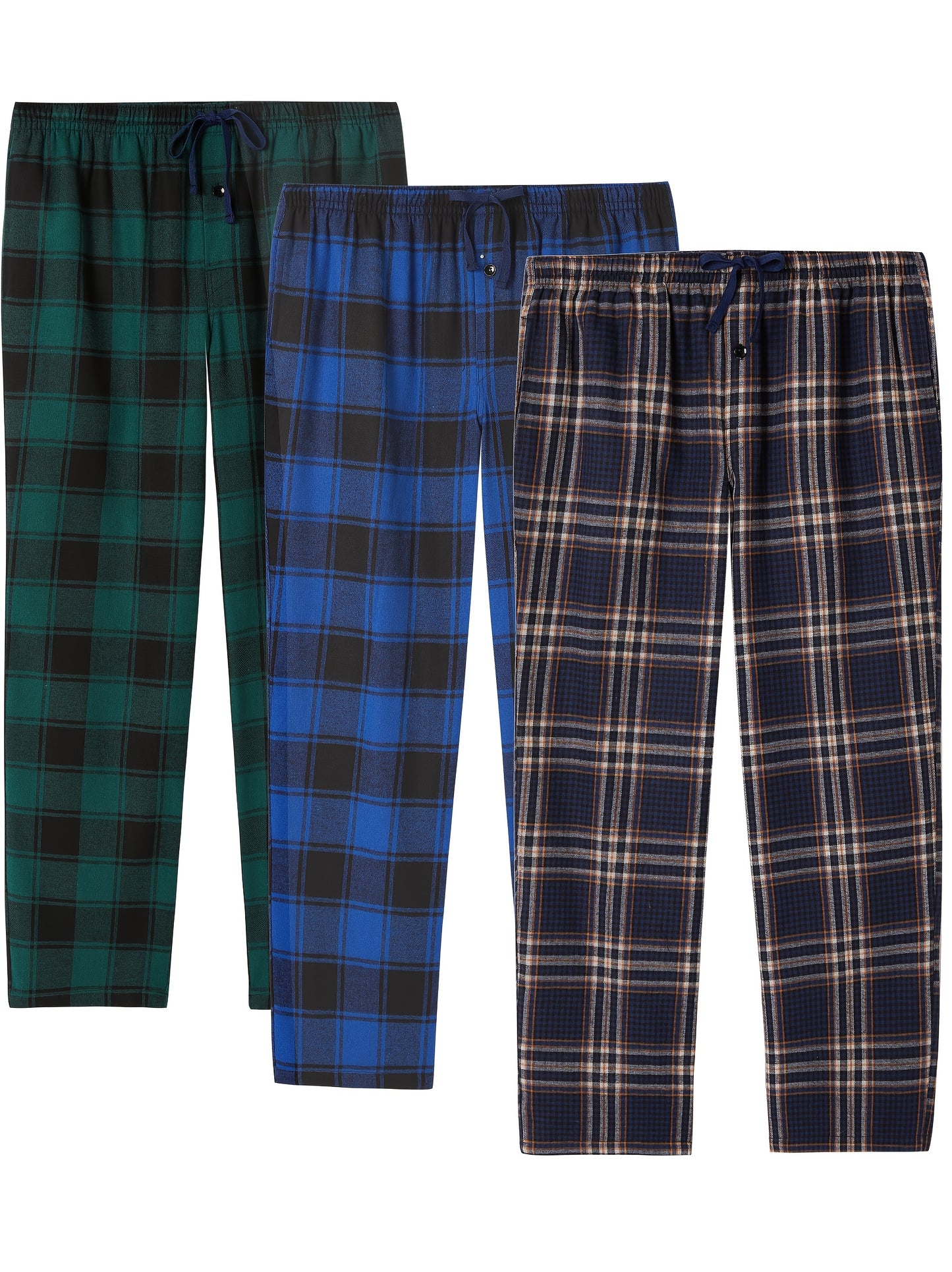 3 Large Men's Flannel Plaid Sleep Pants with Pockets, Flap, Drawstring, PLUS SIZE