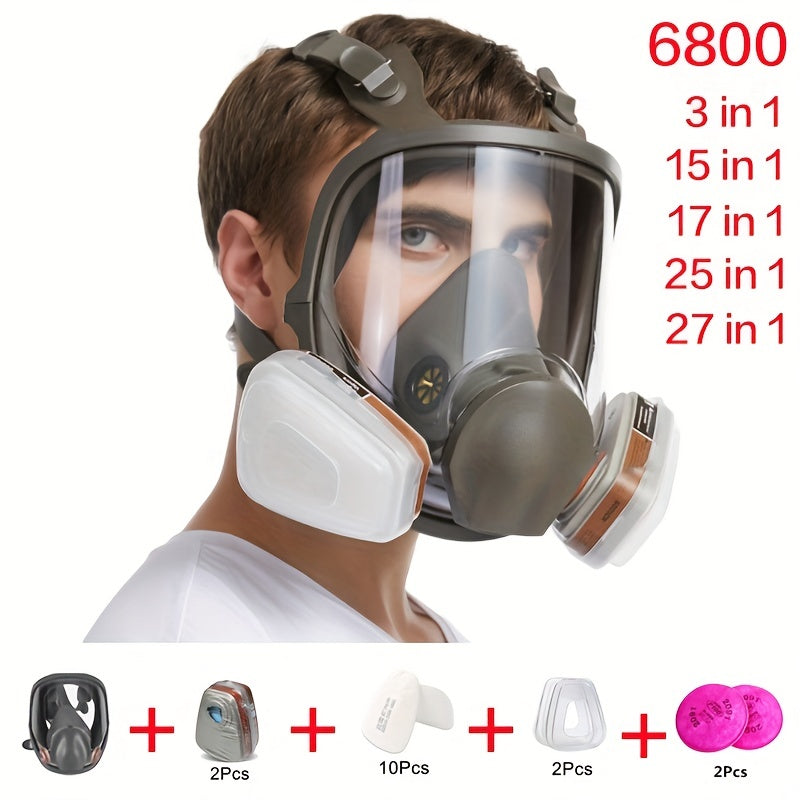 6800 Full Face Chemical Respirator Gas Mask with a 1 facepiece for painting, spraying, and chemical safety work, providing formaldehyde protection in sizes ranging from 7.62 to 68.58 cm.