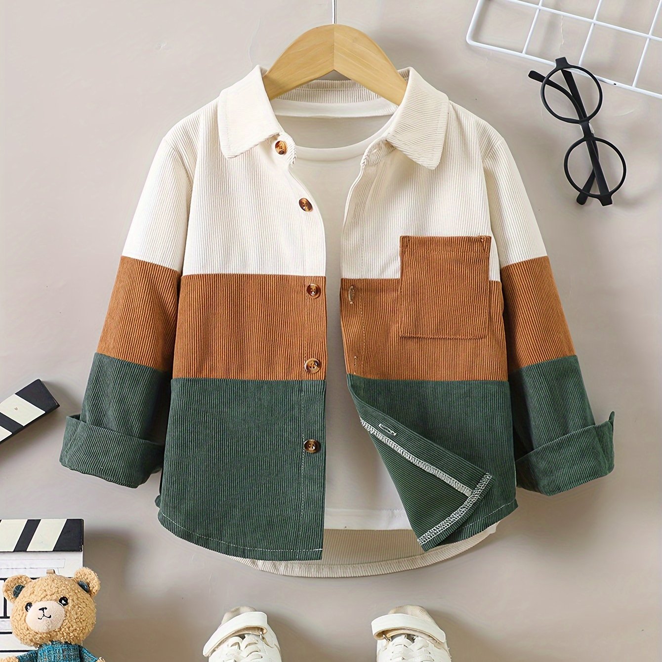 Boys' Color Block Corduroy Shirt - Casual, Loose Fit Button-Up, Pockets, Long Sleeve, Beige/Brown/Green/White, Machine Washable, Spring/Fall Wear