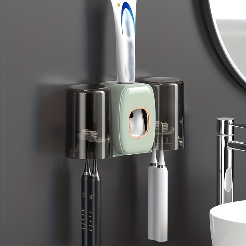 Wall-mounted toothbrush holder with toothpaste squeezer, mouthwash cup, and storage for bathroom organization and home decor.