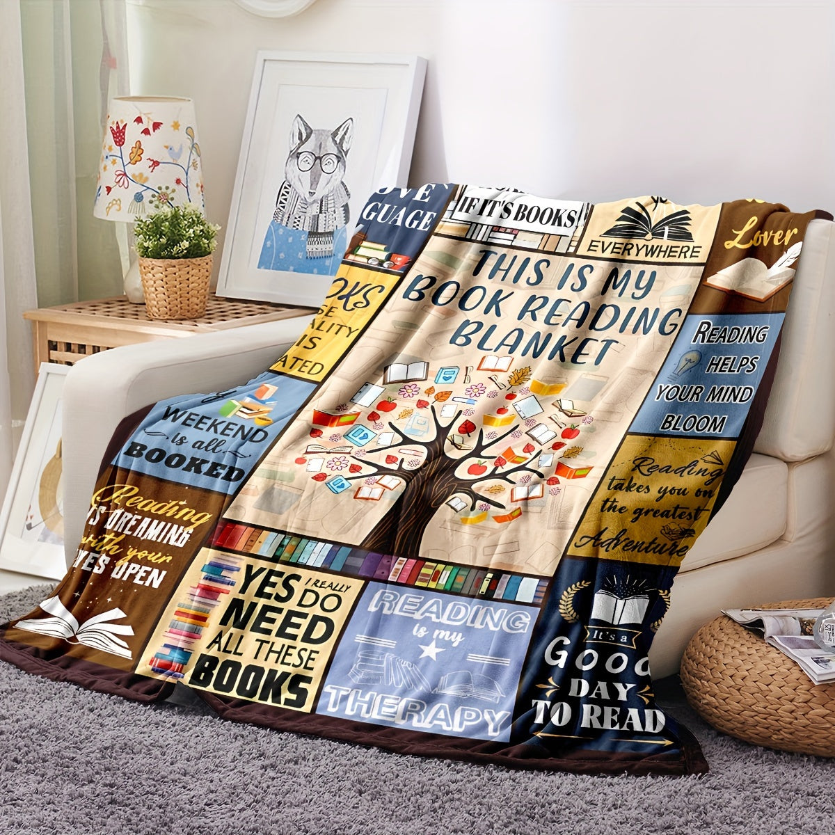 Bookworms and book managers alike will love this 1-piece printed blanket. It's the perfect gift for reading lovers, great for cozying up at home or on the go. This soft and warm blanket is ideal for lounging on the couch, bed, or even using as a lunch