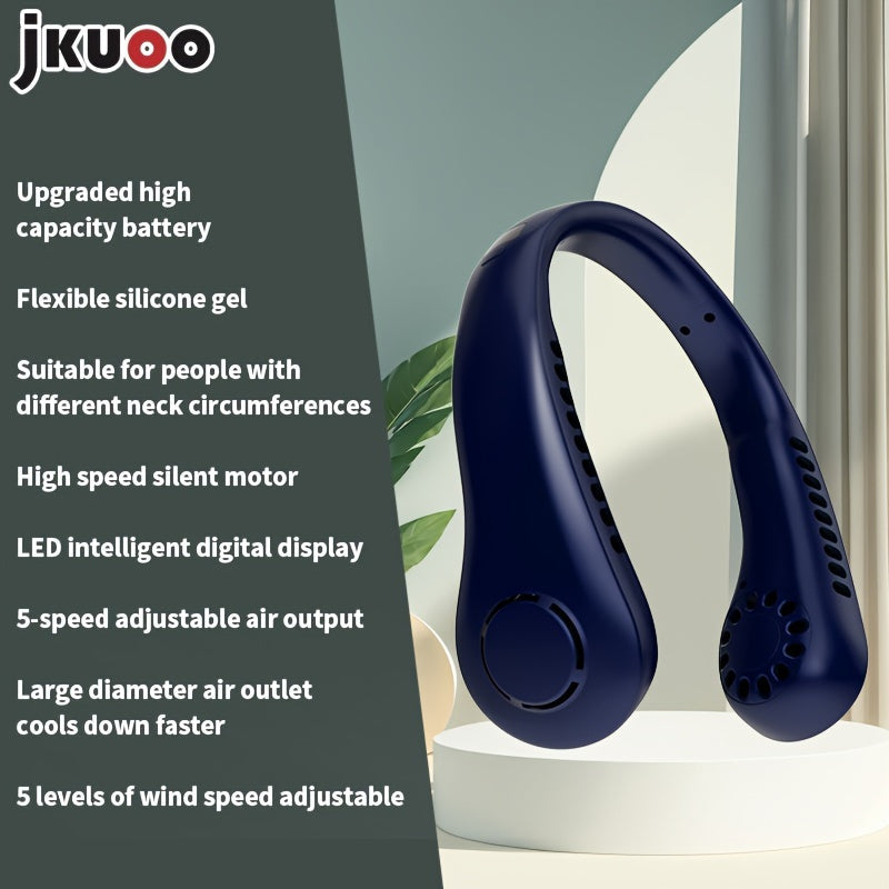 Stay cool on the go with the JKUOO Portable Neck Fan. Featuring a 5-speed digital display, USB rechargeable design, and quiet operation, this fan is perfect for indoor and outdoor use. The silicone handle makes it easy to carry, while the plastic