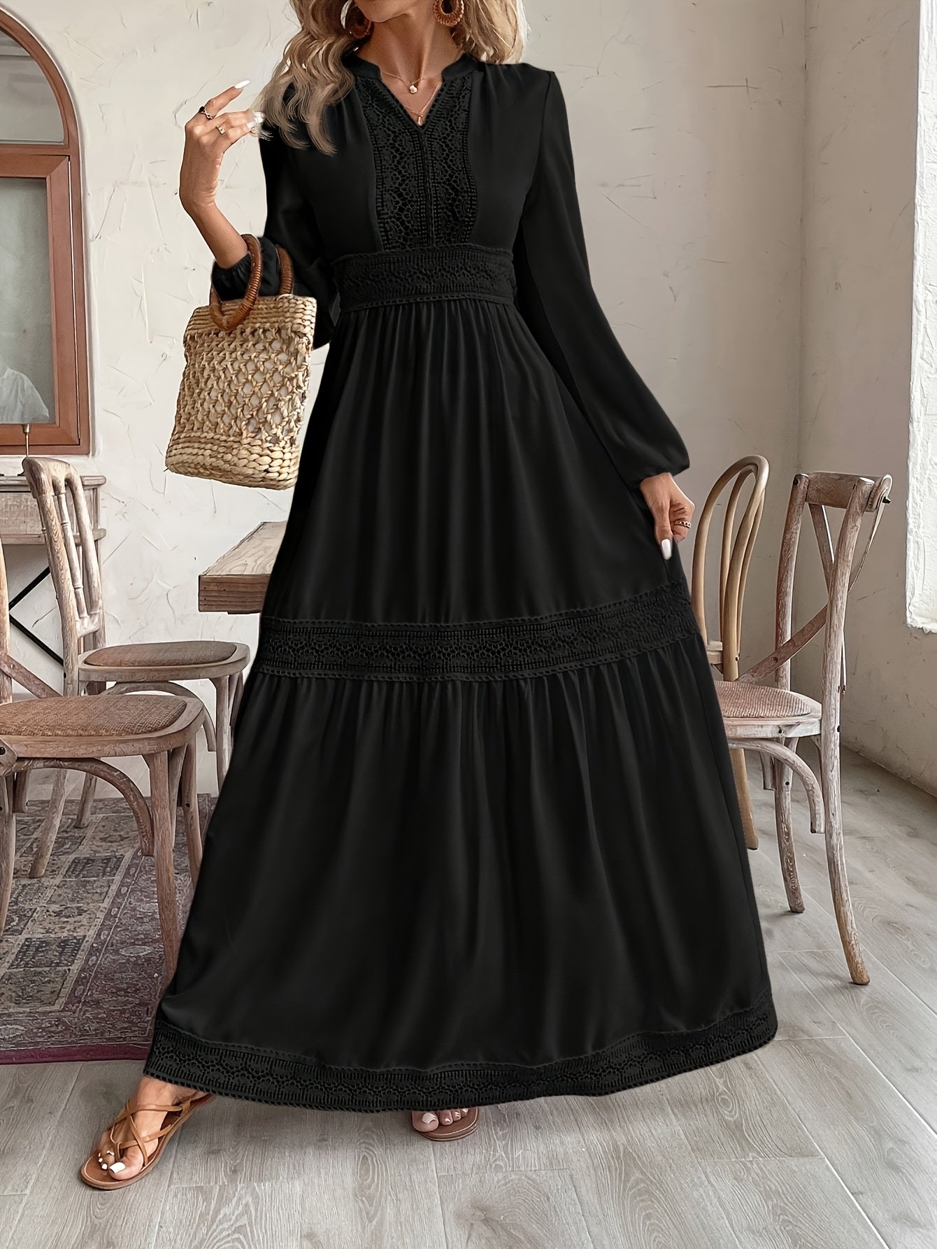 Stylish black maxi dress for women with lace detailing, high waist, and long sleeves. Made of polyester, suitable for all seasons. Flowy silhouette and non-transparent material.