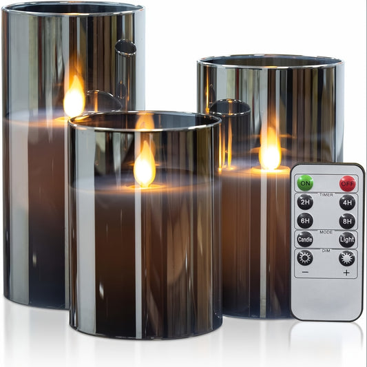 3 Flameless candles with remote timer: battery-powered LED column candles for romantic home decoration in gray color.