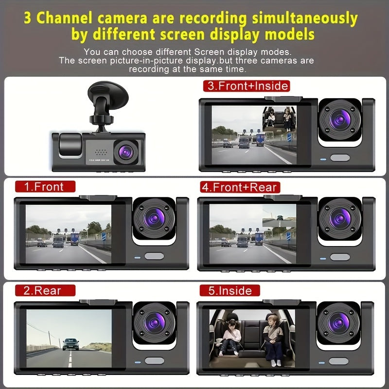 3-Channel Dash Cam with Front and Rear Interior cameras, 1080P resolution, IR Night Vision, and Loop Recording. Includes 5.08 cm IPS Screen.