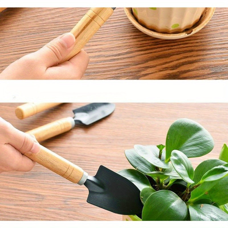 Succulent Plant Gardening Tool Set includes 3 durable metal and wooden hand tools: Mini shovel, shovel, and rake, ideal for potting and planting anywhere.