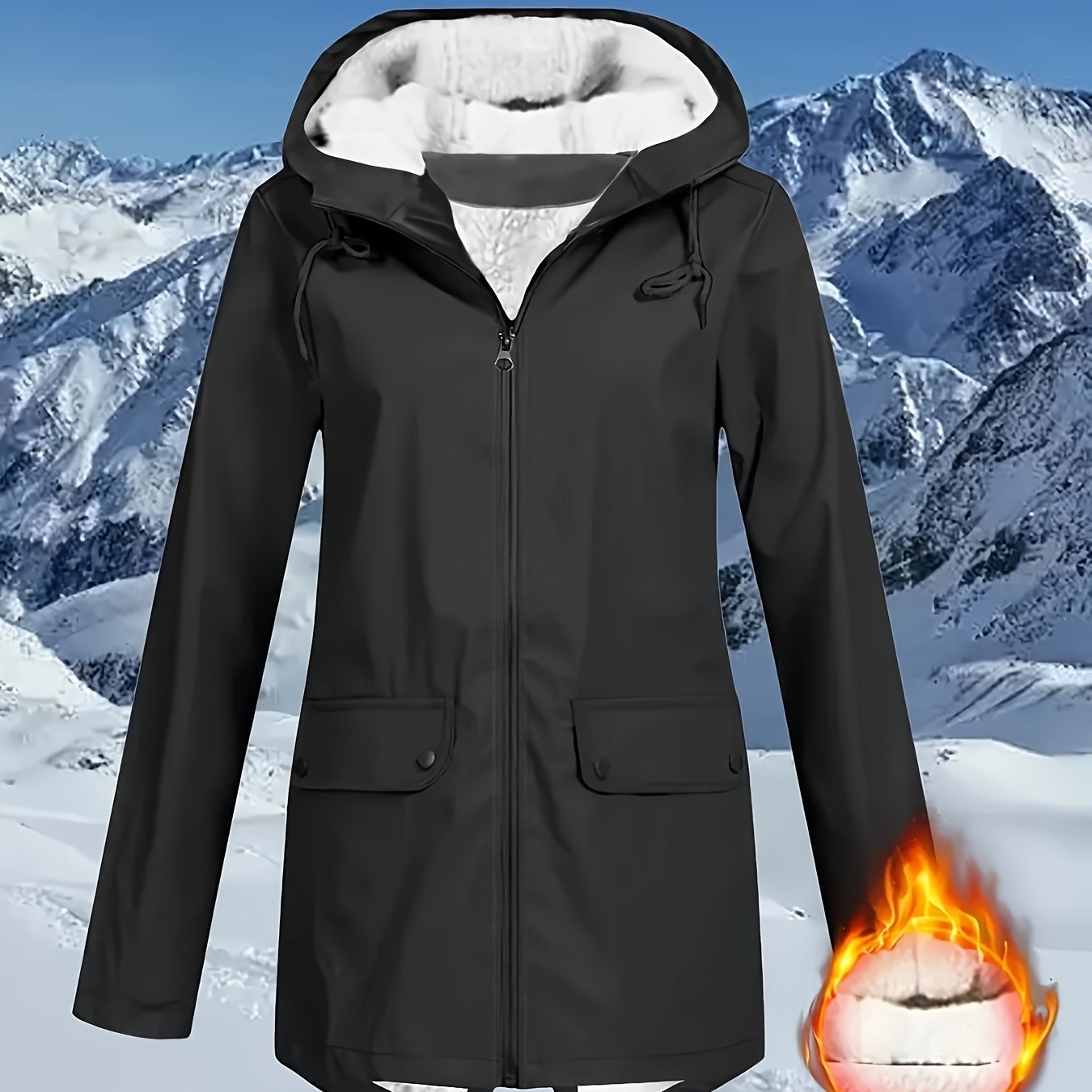 Women's plus size solid zip front warm coat with hooded long sleeves for fall and winter.