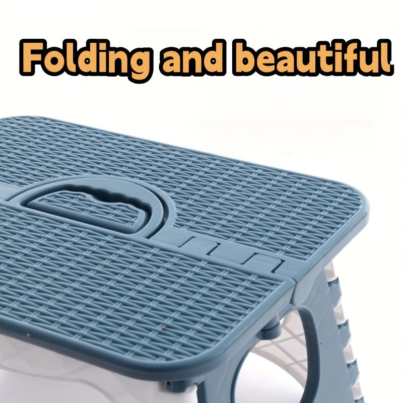 Lightweight plastic step chair with portable handle, ideal for bathroom, bedroom, kitchen, outdoor camping, and fishing. Foldable for easy storage.