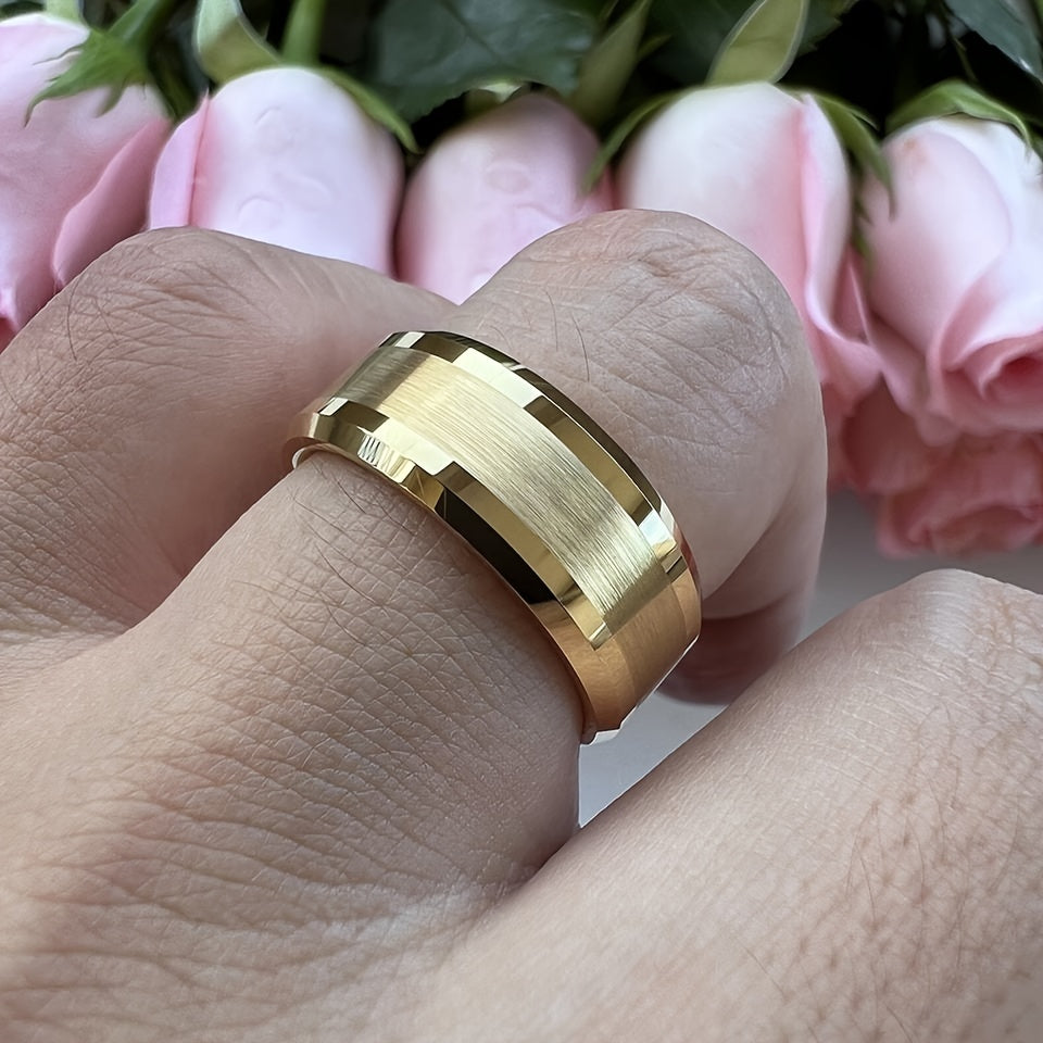 [Customer Favorite] Stylish 8mm Gold-Plated Tungsten Carbide Ring, Ideal for Fashionable Couples - Perfect for Engagement or Wedding, Featuring Beveled Edges - Suitable for Men and Women