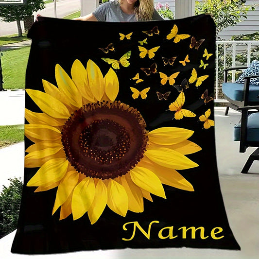 Personalize your space with a custom Sunflower and Butterfly print flannel blanket. This soft and warm blanket features a high-quality digital print that is tear-resistant and machine washable. It is also allergy-proof and suitable for all seasons. Use