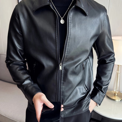 Men's black faux leather jacket with polyester lining, zippered lapel collar, solid color knit fabric, regular sleeve, and lightweight motorcycle style.