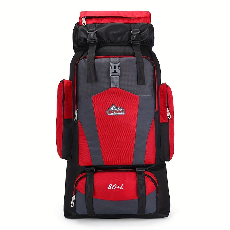 Large 80L hiking backpack with multiple pockets, ideal for outdoor activities. Casual design for men and women, with adjustable shoulder strap and snap closure. Easy to clean with polyester