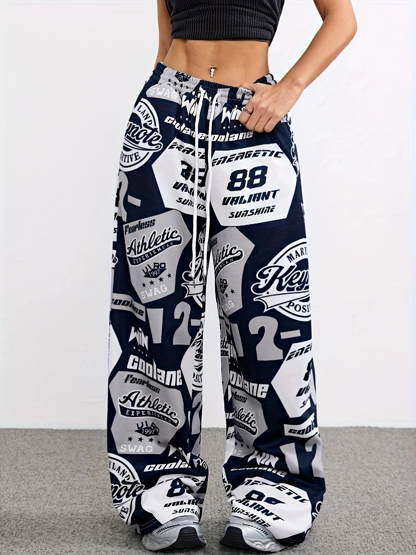 1pc Y2K Style Women's Casual Soccer Pants with Letter Print, Polyester Knit Fabric, Drawstring Waist, Adult Fit, Wide Leg Athletic Trousers for Four Seasons Fashion.