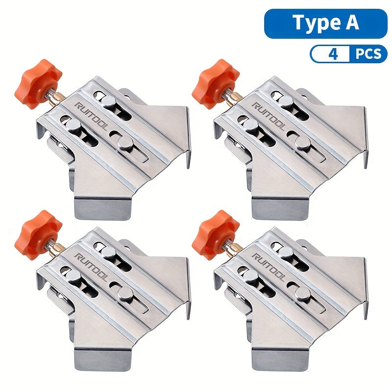 Stainless steel corner clamp for woodworking, with adjustable positioning and durable plastic components.