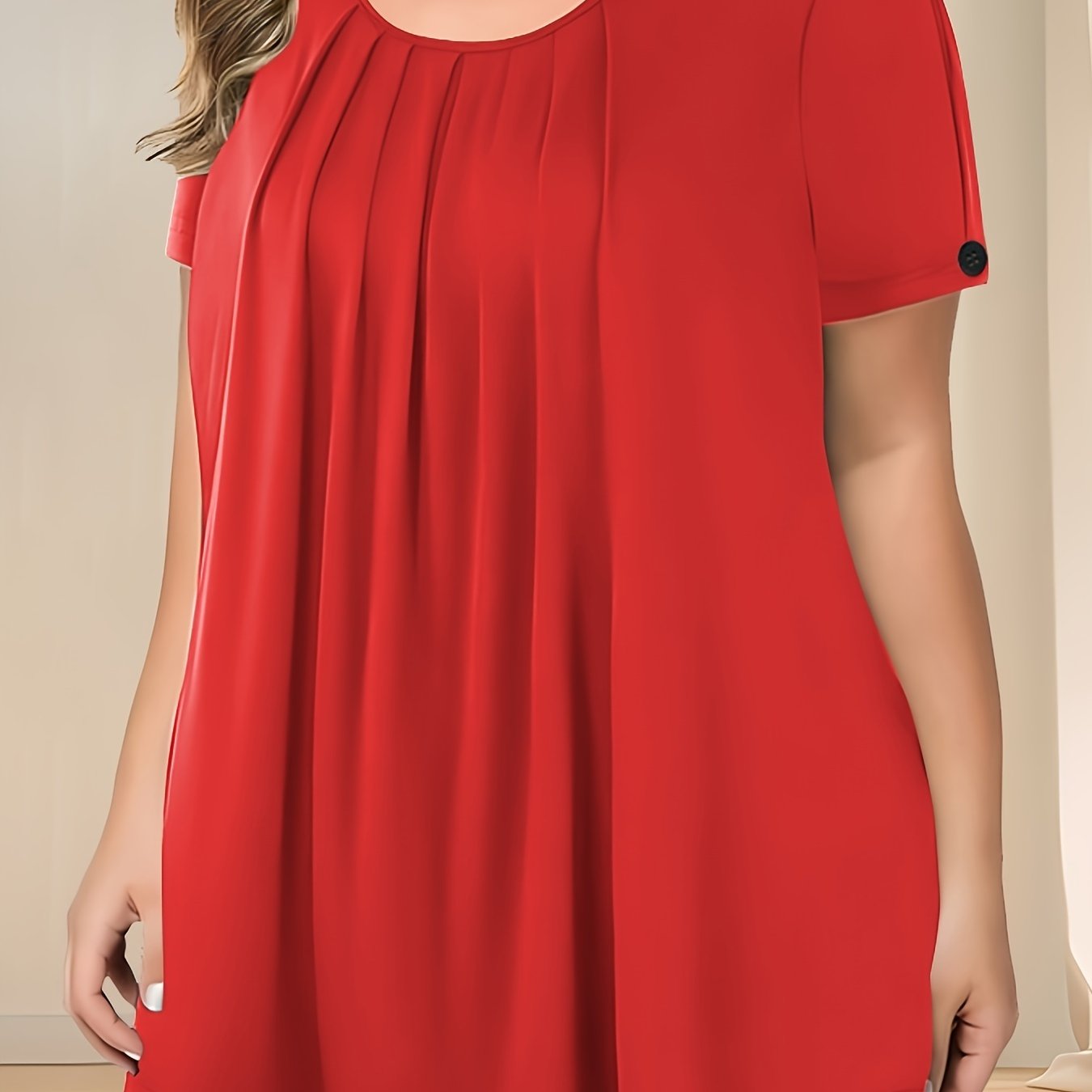 Pleated button detail T-shirt for plus size women, perfect for spring & summer.